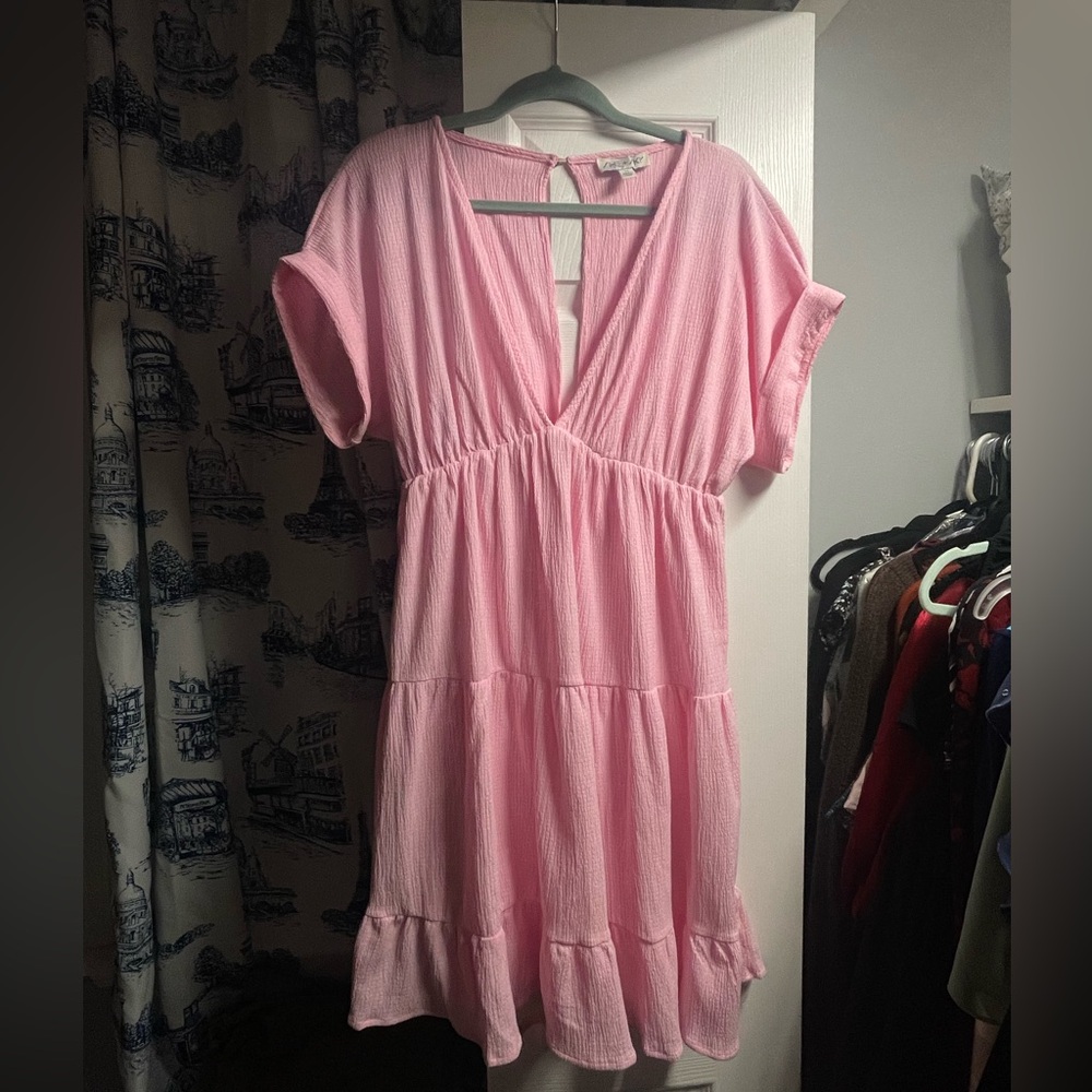 She + Sky Pink Textured V-Neck Dress